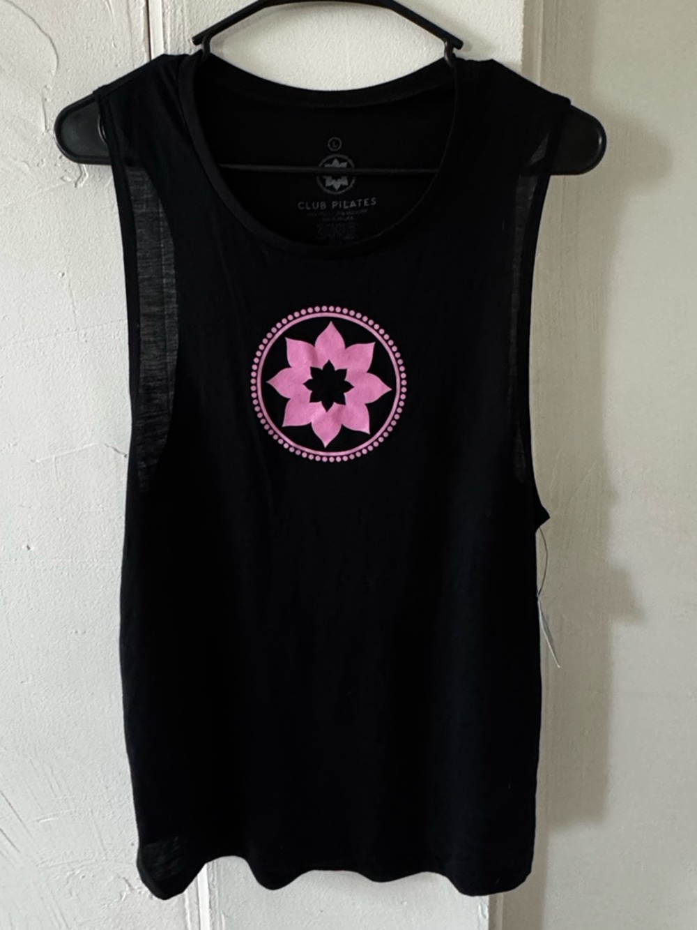 Club Pilates Black Tank with Pink Lotus Motif